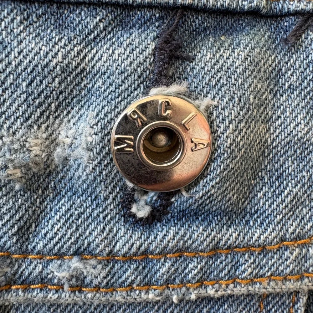 MRCLA Denim Jacket Size L Blue Distressed Zipper Sleeve Trucker Mr. Completely